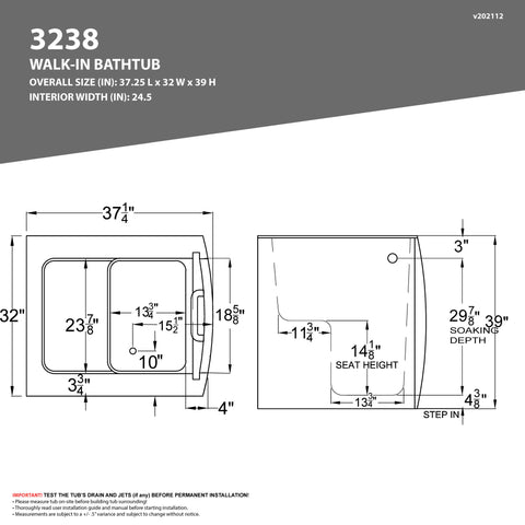 Coupe Series 32 in. x 38 in. Right Swinging Door Walk-In Air Tub in White