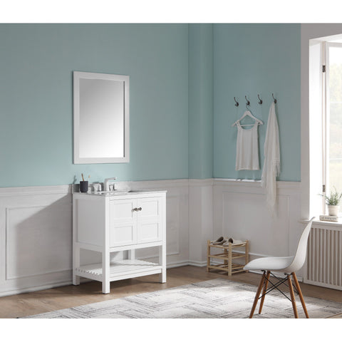 VT-MRCT1030-WH - ANZZI Montaigne 30 in. W x 22 in. D Vanity in White with Marble Vanity Top in Carrara White with White Basin and Mirror