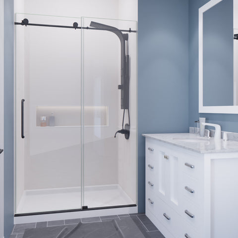 Madam Series 44 to 48 in. by 76 in. Frameless Sliding Shower Door in Gunmetal with Clear Tempered Glass and Tsunami Guard