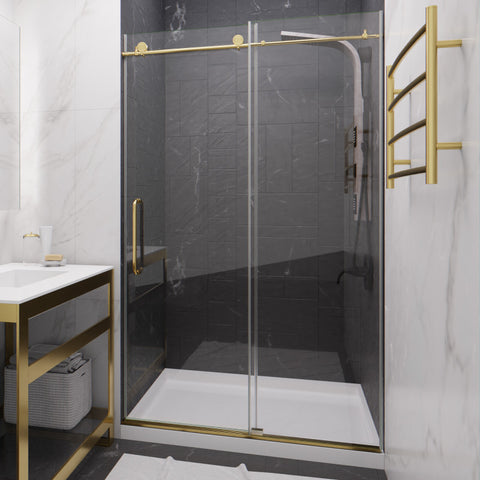 SD-AZ8077-01BG - ANZZI Leon Series 48 in. x 76 in. H Sliding Frameless Shower Door in Brushed Gold with Tsunami Guard Tempered Glass