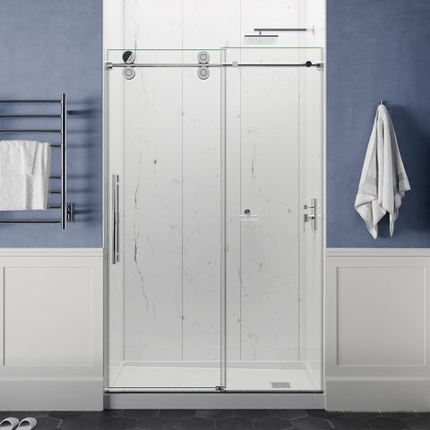 ANZZI Series 56 to 60 in. x 76 in. Frameless Shower Door with Sliding in Polished Chrome with Tsunami Guard Tempered Clear Glass