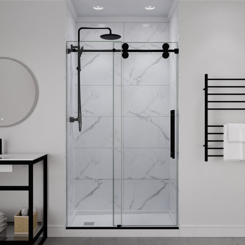 ANZZI Series 44 to 48 in. x 76 in. Frameless Shower Door with Sliding in Matte Black with Tsunami Guard Tempered Clear Glass
