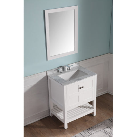 VT-MRCT1030-WH - ANZZI Montaigne 30 in. W x 22 in. D Vanity in White with Marble Vanity Top in Carrara White with White Basin and Mirror