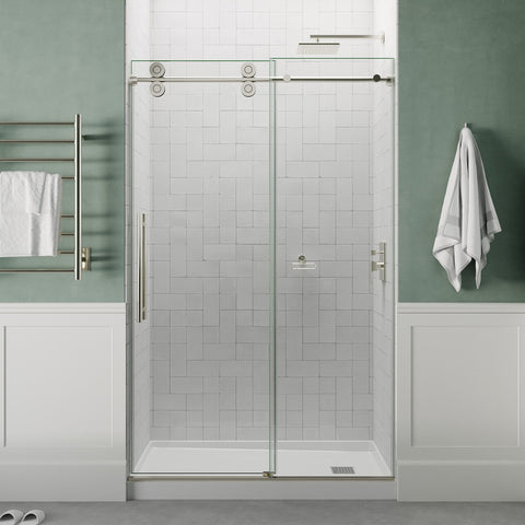 ANZZI Series 56 to 60 in. x 76 in. Frameless Shower Door with Sliding in Brushed Nickel with Tsunami Guard Tempered Clear Glass