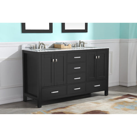 VT-MRCT0060-BK - ANZZI 60 in. W x 22 in. D x 36 in. H Double Sink Bath Vanity Set in Black with Carrara Marble Top and Matching Mirror
