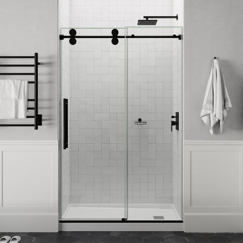 ANZZI Series 56 to 60 in. x 76 in. Frameless Shower Door with Sliding in Matte Black with Tsunami Guard Tempered Clear Glass