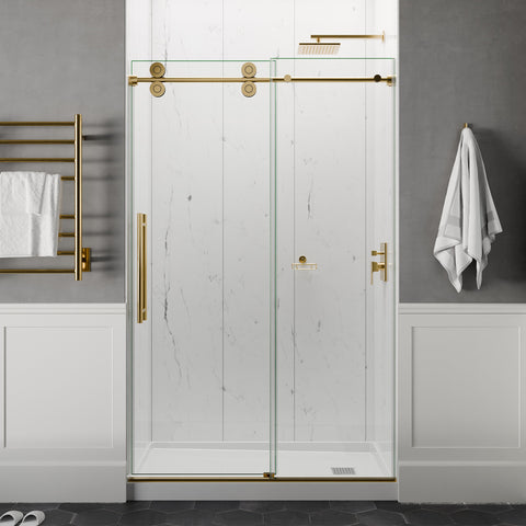 ANZZI Series 56 to 60 in. x 76 in. Frameless Shower Door with Sliding in Brushed Gold with Tsunami Guard Tempered Clear Glass
