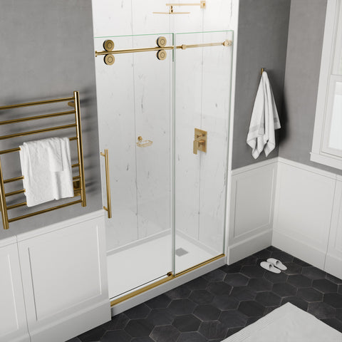 ANZZI Series 56 to 60 in. x 76 in. Frameless Shower Door with Sliding in Brushed Gold with Tsunami Guard Tempered Clear Glass