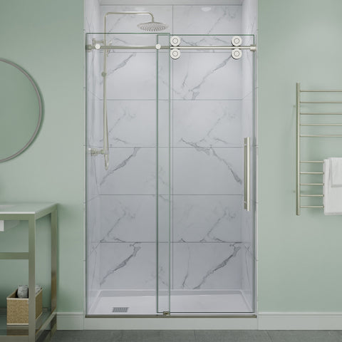 ANZZI Series 44 to 48 in. x 76 in. Frameless Shower Door with Sliding in Brushed Nickel with Tsunami Guard Tempered Clear Glass