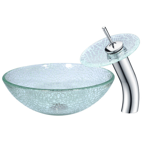 LS-AZ063 - ANZZI Choir Series 17 in. Round Bathroom Vessel Sink in Crystal Clear Mosaic Glass with Matching Chrome Waterfall Faucet