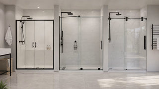 Framed, semi-frameless, and frameless glass shower doors shown in a modern bathroom comparison.