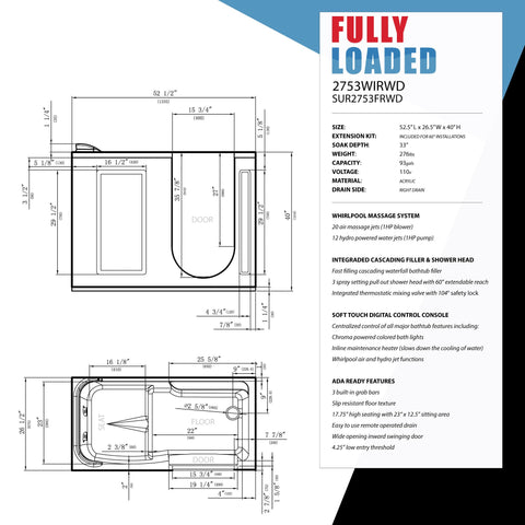 ANZZI 27 in. x 53 in. Right Drain Walk-In Whirlpool and Air Tub with Total Spa Suite in White