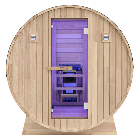 4-6-Person Outdoor Barrel Wet Sauna in White Cedar with ETL-Certified 6.2kW Sauna Rock Heater, and Bitumen Shingle Roof
