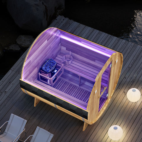 4-6-Person Outdoor Barrel Wet Sauna in White Cedar with ETL-Certified 6.2kW Sauna Rock Heater, and Bitumen Shingle Roof