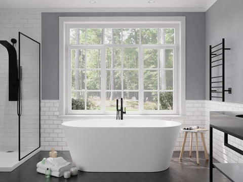 ANZZI Roccia 5.1 ft. Solid Surface Center Drain Freestanding Bathtub in Matte White