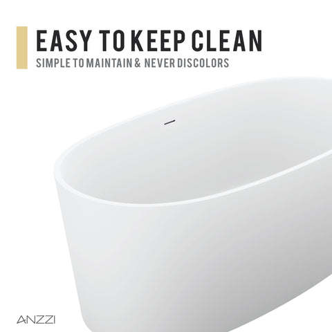 ANZZI Roccia 5.1 ft. Solid Surface Center Drain Freestanding Bathtub in Matte White