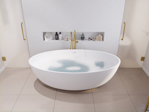 ANZZI Cestino 5.5 ft. Solid Surface Center Drain Freestanding Bathtub in Matte White