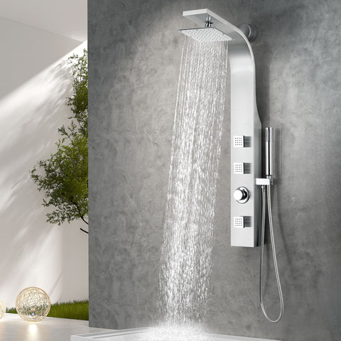 Sans Series 40 in. 3-Jetted Full Body Shower Panel Tower in Brushed Steel with Heavy Rain Showerhead and Spray Wand