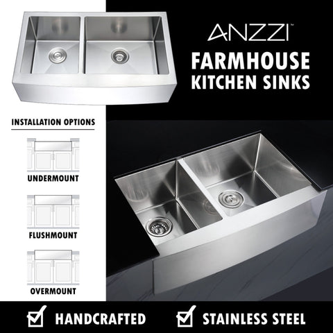 ANZZI ELYSIAN Series 36 in. Farm House 40/60 Dual Basin Handmade Stainless Steel Kitchen Sink