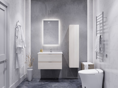 ANZZI Conques 3-Piece Vanity Set (30" W), Wall Mounted, Glossy White Stone Top, Soft-Close Drawers, LED Defogger Mirror & 55" Side Cabinet