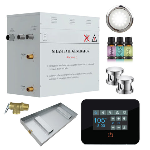 CON1050CH - SaunaSpa Contractors Series 10.5kW Steam Bath Generator with Quickstart Continuous Steam, Black Digital Touch Pad, Built-in Auto-drain, Drain Pan, White LED light, and Aroma Steamhead in Polished Chrome