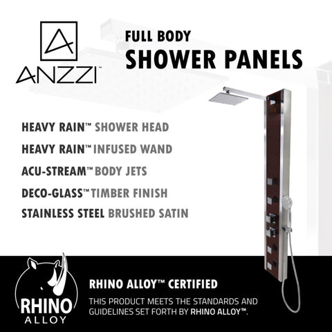 ANZZI Monsoon 57 in. 4-Jetted Full Body Shower Panel with Heavy Rain Shower and Spray Wand in Mahogany Style Deco-Glass