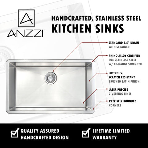 ANZZI VANGUARD Undermount Stainless Steel 30 in. 0-Hole Kitchen Sink and Faucet Set with Soave Faucet