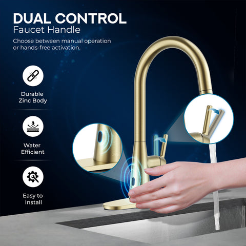 Modern 16 in. 1-Handle Touchless Pull-Down Kitchen Faucet in Satin Brass with Motion Sensor and Dual Spray Modes