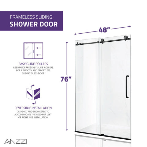 ANZZI Leon Series 48 in. by 76 in. Frameless Sliding Shower Door with Handle