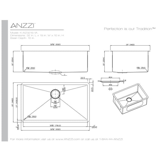 ANZZI Vanguard Undermount Stainless Steel 32 in. 0-Hole Single Bowl Kitchen Sink in Brushed Satin