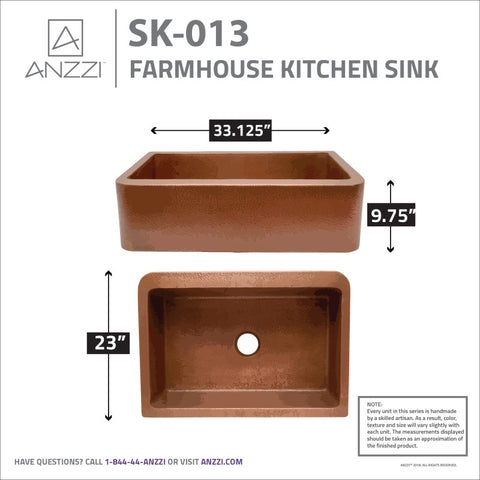 ANZZI Miletus Farmhouse Handmade Copper 33 in. 0-Hole Single Bowl Kitchen Sink in Hammered Antique Copper