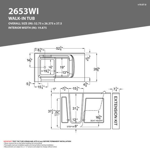 ANZZI 53 - 60 in. x 26 in. Right Drain Soaking Walk-in Tub in White