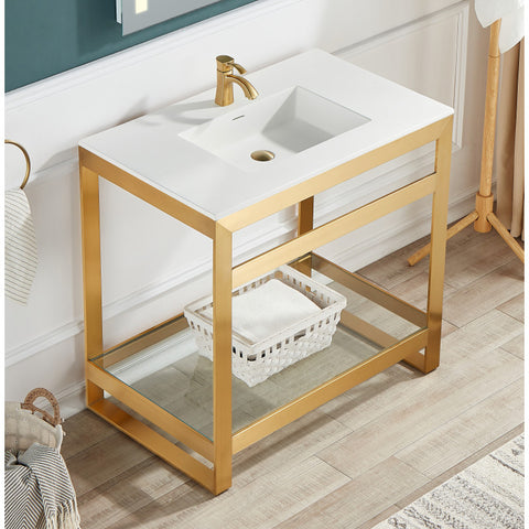 CS-FGC005-BG - ANZZI Orchard 36 in. Console Sink in Brushed Gold with Glossy White Counter Top