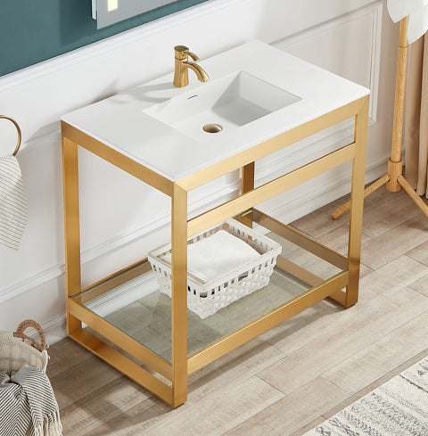 Orchard 36 in. Console Sink in Brushed Gold with Glossy White Counter Top