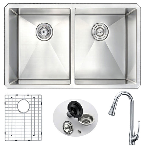 ANZZI VANGUARD Undermount 32 in. Double Bowl Kitchen Sink with Singer Faucet in Polished Chrome