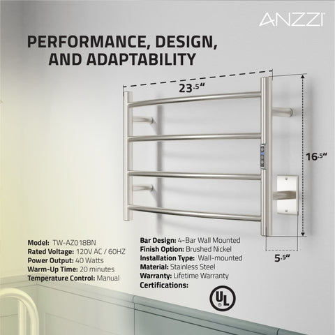 ANZZI Glow 4-Bar Stainless Steel Wall Mounted Towel Warmer