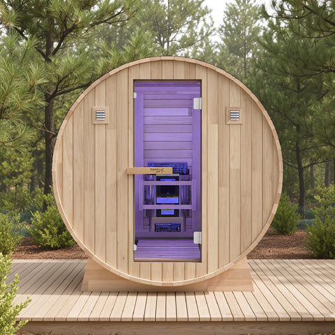 4-6-Person Outdoor Barrel Wet Sauna in White Cedar with ETL-Certified 6.2kW Sauna Rock Heater, and Bitumen Shingle Roof