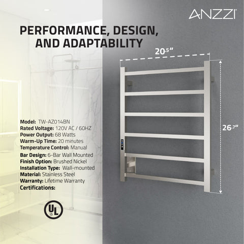 ANZZI Charles Series 6-Bar Stainless Steel Wall Mounted Electric Towel Warmer Rack