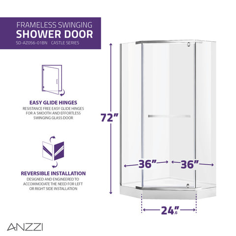 ANZZI Castle Series 49 in. x 72 in. Semi-Frameless Shower Door with TSUNAMI GUARD