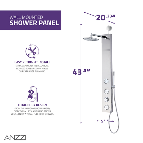 ANZZI Beverly 3-Jetted Shower Panel with Heavy Rain Shower & Spray Wand