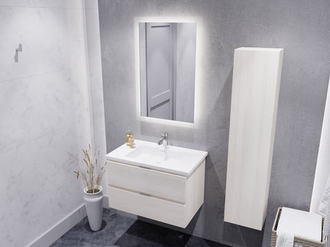 ANZZI Conques 3-Piece Vanity Set (30" W), Wall Mounted, Glossy White Stone Top, Soft-Close Drawers, LED Defogger Mirror & 55" Side Cabinet