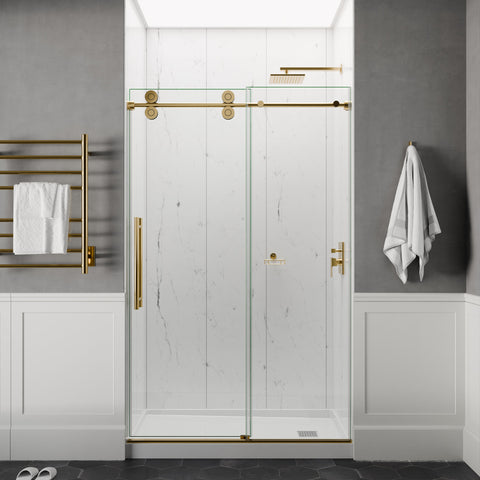 ANZZI Series 56 to 60 in. x 76 in. Frameless Shower Door with Sliding in Brushed Gold with Tsunami Guard Tempered Clear Glass