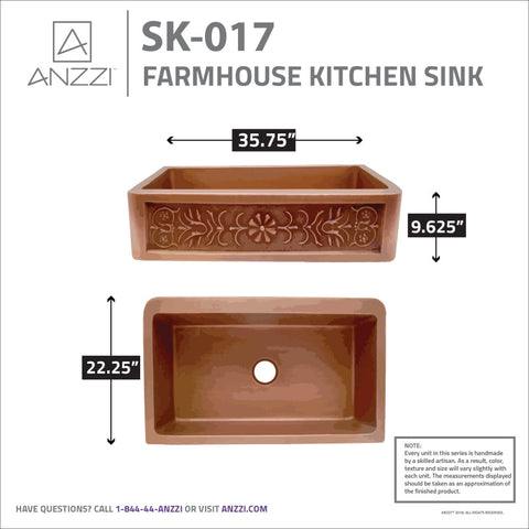 ANZZI Thracian Farmhouse Handmade Copper 36 in. 0-Hole Single Bowl Kitchen Sink with Flower Design Panel in Polished Antique Copper