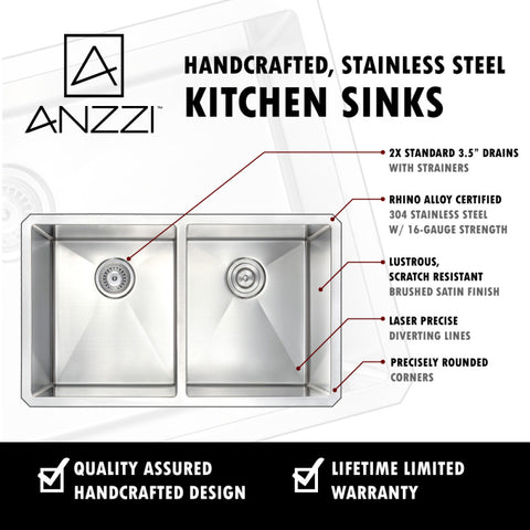 ANZZI VANGUARD Undermount 32 in. Double Bowl Kitchen Sink with Singer Faucet in Polished Chrome