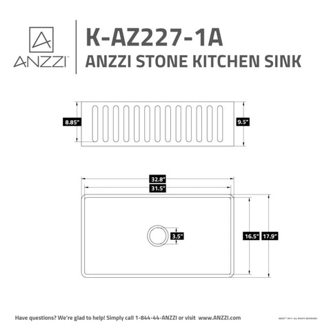 ANZZI Roine Farmhouse Reversible Apron Front Solid Surface 33 in. Single Basin Kitchen Sink