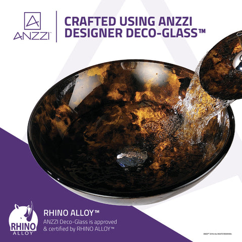 ANZZI Toa Series Deco-Glass Vessel Sink in Kindled Amber with Matching Chrome Waterfall Faucet