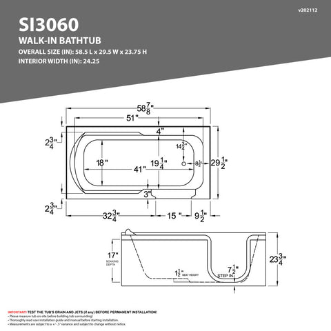 ANZZI 30 in. x 60 in. Right Drain Step-In Walk-In Soaking Tub with Low Entry Threshold in White