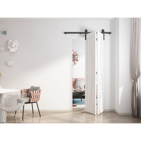 ID-AZBD04 - ANZZI ANZZI Heavy Duty Sturdy Sliding Barn Door - 18x84'' White Bi-folding Double Wood Barn Doors - Solid Core MDF + PVC - Knockdown Design - Barn Door with Hardware Kit- Space-Saving Solution