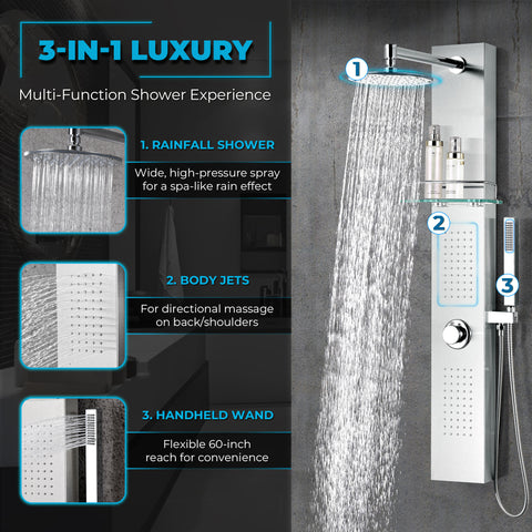 Coastal Series 44 in. 2-Jetted Full Body Shower Panel System in Brushed Steel with Heavy Rain Showerhead and Spray Wand