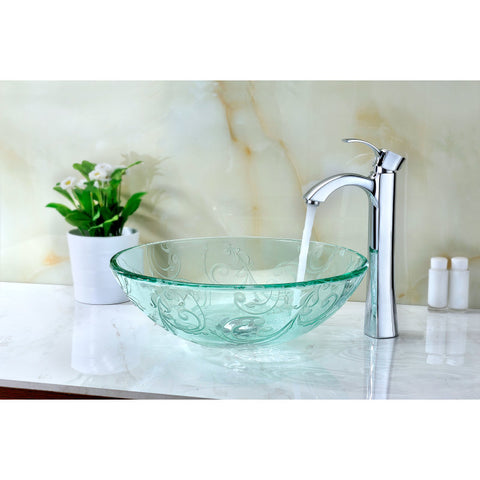 LS-AZ065 - ANZZI Vieno Series 17 in. Bathroom Vessel Sink with Scratch-Tough and Stain-Resistant Non-Porous Surface in Clear Floral Glass